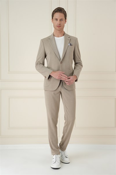 Comfort Fit Mono Yaka Çift Yırtmaç Torba Cep Bej Blazer Ceket C 698