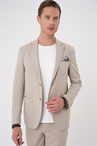 Comfort Fit Mono Yaka Çift Yırtmaç Torba Cep Doku Desenli Bej Blazer Ceket C 706
