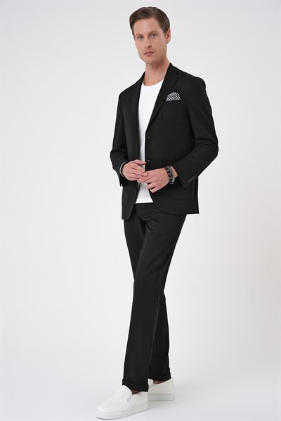 Comfort Fit Mono Yaka Çift Yırtmaç Torba Cep Doku Desenli Siyah Blazer Ceket C 706