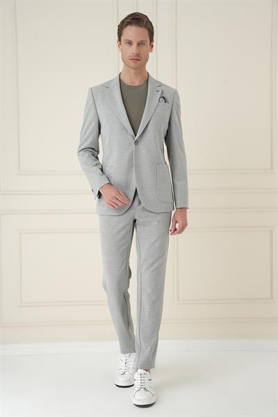 Comfort Fit Mono Yaka Çift Yırtmaç Torba Cep Casual Gri Ceket C 698