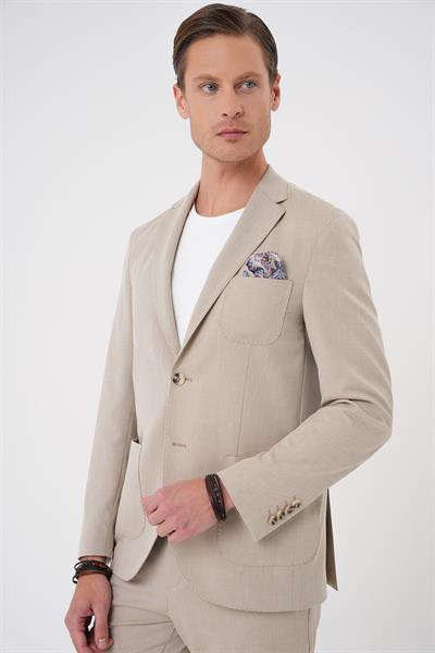 Comfort Fit Mono Yaka Çift Yırtmaç Torba Cep Kendinden Desenli Casual Bej Ceket C 706