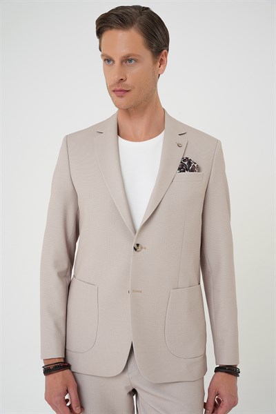 Comfort Fit Mono Yaka Çift Yırtmaç Torba Cep Dokulu Bej Ceket C 705