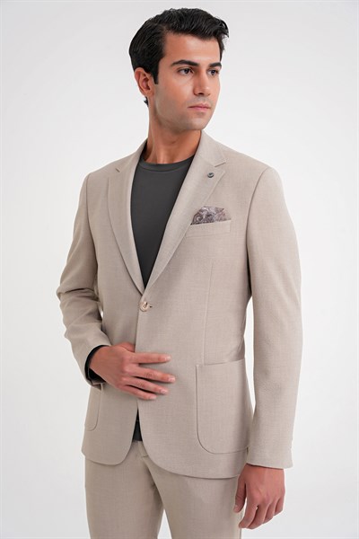 Comfort Fit Mono Yaka Çift Yırtmaç Torba Cep Bej-1 Blazer Ceket C 698