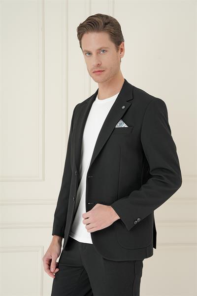 Comfort Fit Mono Yaka Çift Yırtmaç Torba Cep Casual Siyah Ceket C 698