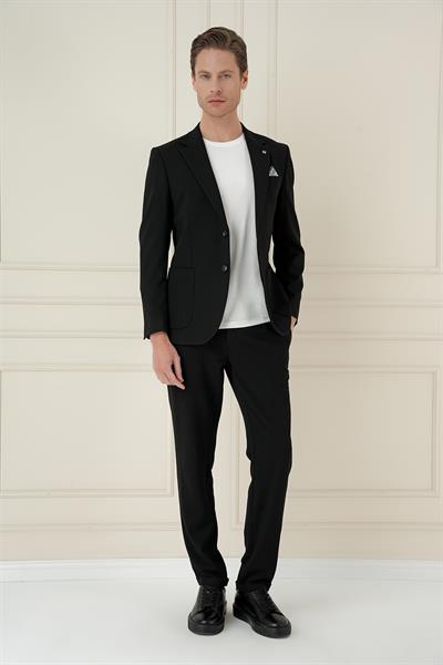 Comfort Fit Mono Yaka Çift Yırtmaç Torba Cep Casual Siyah Ceket C 698