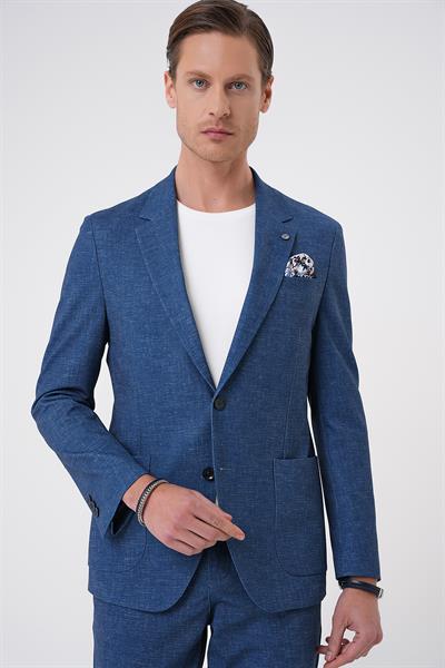 Comfort Fit Mono Yaka Çift Yırtmaç Torba Cep Casual Gece Mavisi Ceket C 701