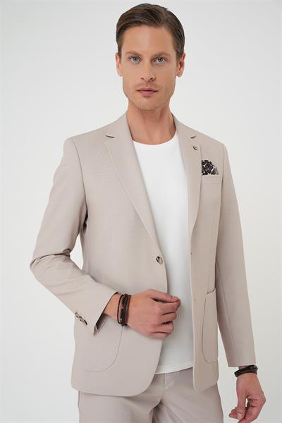 Comfort Fit Mono Yaka Çift Yırtmaç Torba Cep Kendinden Desenli Casual Bej Ceket C 705