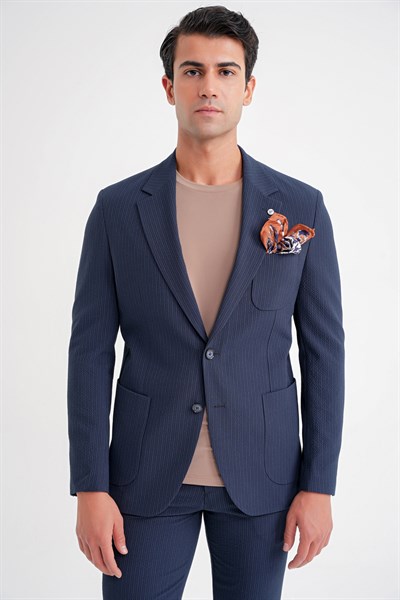 Comfort Fit Mono Yaka Çift Yırtmaç Torba Cep Gofre Kumaş Çizgili Koyu Lacivert Ceket C 703