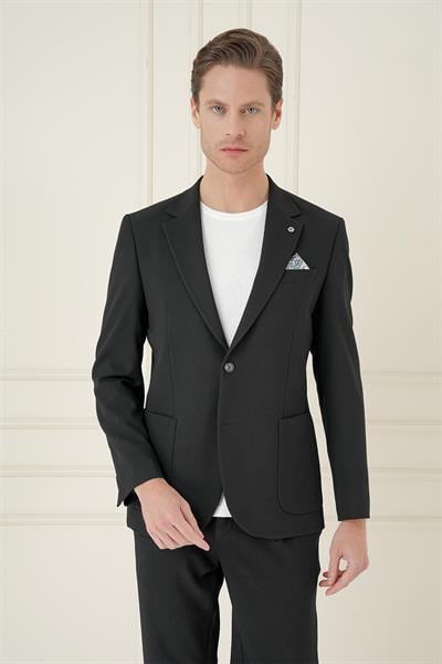 Comfort Fit Mono Yaka Çift Yırtmaç Torba Cep Casual Siyah Ceket C 698