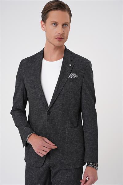 Comfort Fit Mono Yaka Çift Yırtmaç Torba Cep Casual Siyah Ceket C 701