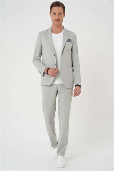 Comfort Fit Mono Yaka Çift Yırtmaç Torba Cep Kendinden Desenli Casual Gri Ceket C 706