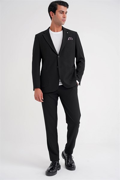 Comfort Fit Mono Yaka Çift Yırtmaç Torba Cep Siyah-1 Blazer Ceket C 698