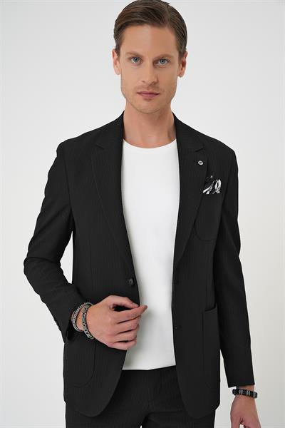 Comfort Fit Mono Yaka Çift Yırtmaç Torba Cep Gofre Kumaş Casual Siyah Ceket C 703