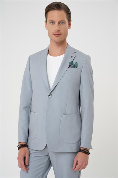 Comfort Fit Mono Yaka Çift Yırtmaç Torba Cep Kendinden Desenli Casual Gri Ceket C 705