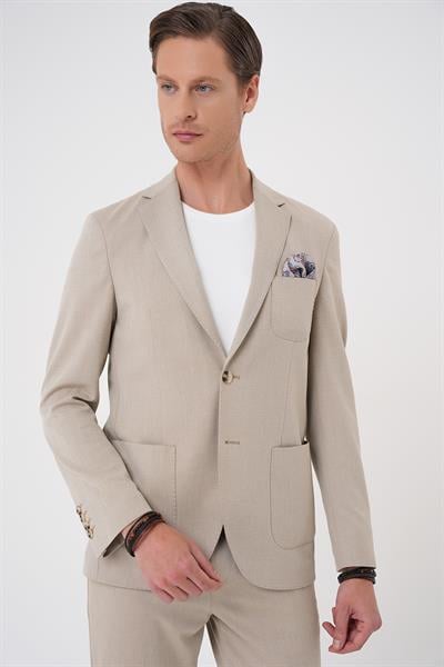 Comfort Fit Mono Yaka Çift Yırtmaç Torba Cep Kendinden Desenli Casual Bej Ceket C 706