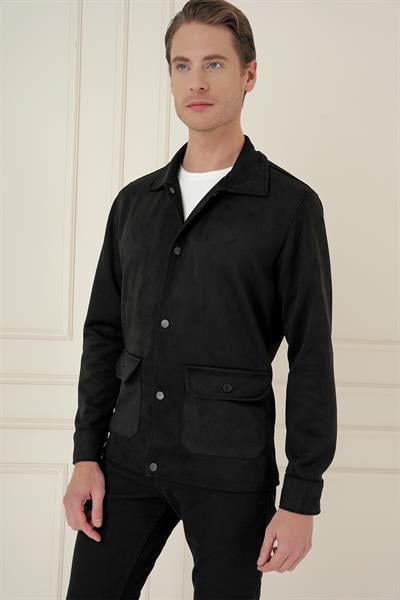 Comfort Fit Mono Yaka Kapaklı Cep Casual Siyah Ceket C 699
