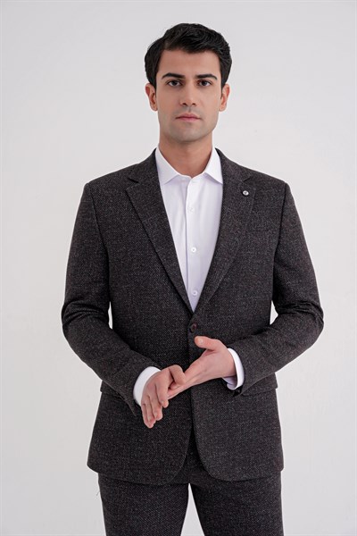 Comfort Fit Mono Yaka Kırçıllı Dokuma Armürlü Siyah Ceket C 728