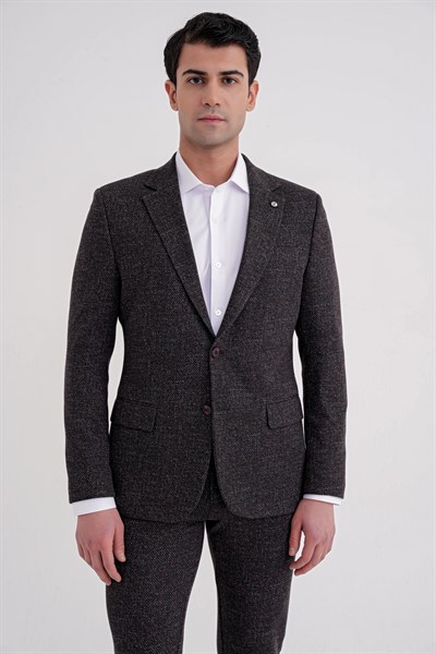 Comfort Fit Mono Yaka Kırçıllı Dokuma Armürlü Siyah Ceket C 728