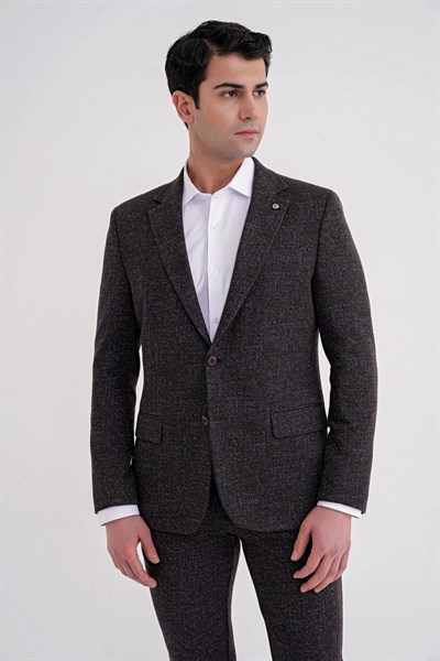 Comfort Fit Mono Yaka Kırçıllı Dokuma Armürlü Siyah Ceket C 728