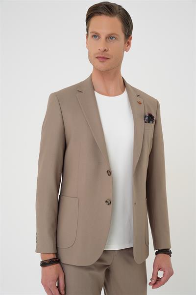 Comfort Fit Mono Yaka Torba Cep Esnek Pamuklu Koyu Bej Ceket C 708