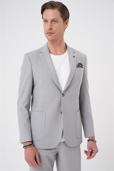 Comfort Fit Mono Yaka Torba Cep Esnek Pamuklu Gri Ceket C 708
