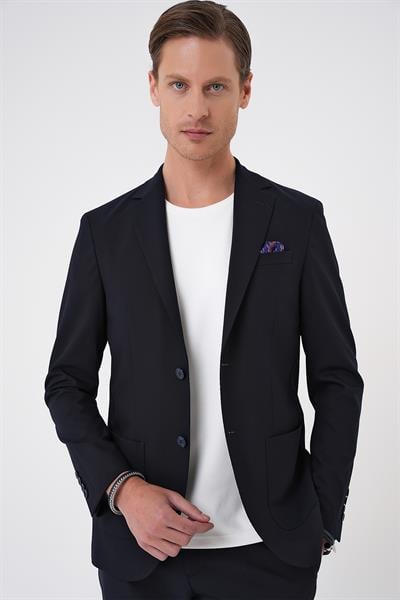 Comfort Fit Mono Yaka Torba Cep Casual Lacivert Ceket C 707