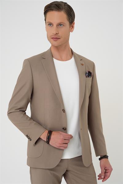 Comfort Fit Mono Yaka Torba Cep Esnek Pamuklu Koyu Bej Ceket C 708