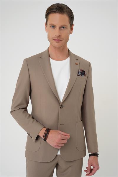 Comfort Fit Mono Yaka Torba Cep Esnek Pamuklu Koyu Bej Ceket C 708