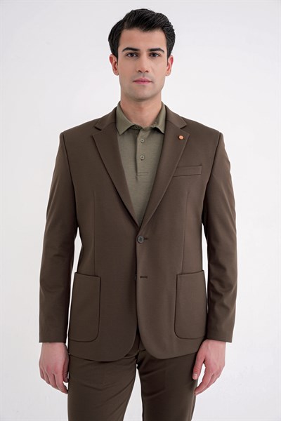 Comfort Fit Mono Yaka Torba Cep Esnek Yünlü Kahverengi Spor Takım Elbise TK 931