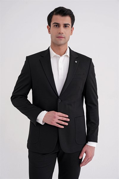 Comfort Fit Mono Yaka Torba Cep Esnek Yünlü Siyah Spor Takım Elbise TK 931