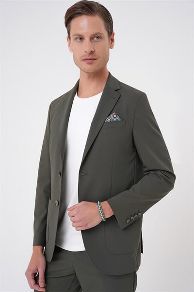 Comfort Fit Mono Yaka Torba Cep Esnek Pamuklu Haki Ceket C 707