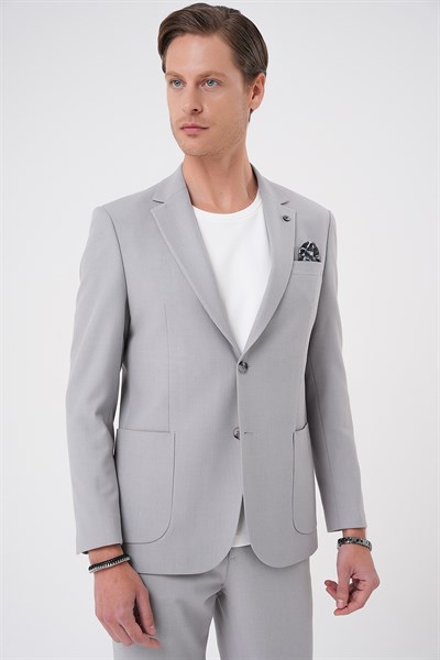 Comfort Fit Mono Yaka Torba Cep Esnek Pamuklu Gri Ceket C 708