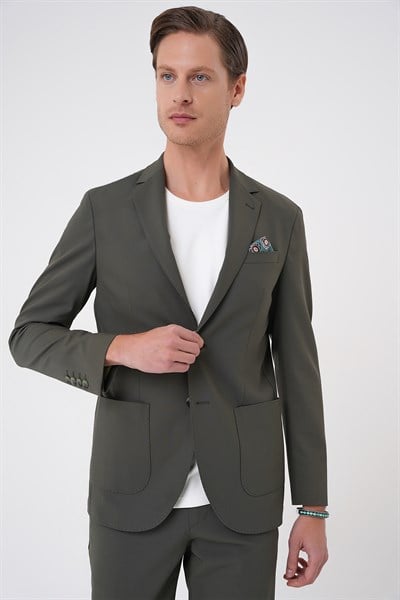 Comfort Fit Mono Yaka Torba Cep Esnek Pamuklu Haki Ceket C 707