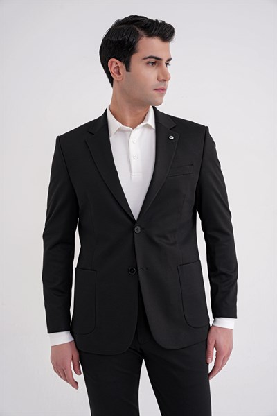 Comfort Fit Mono Yaka Torba Cep Esnek Yünlü Siyah Spor Takım Elbise TK 931