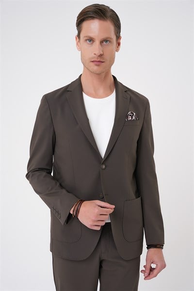 Comfort Fit Mono Yaka Torba Cep Esnek Pamuklu Toprak Ceket C 707