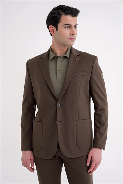 Comfort Fit Mono Yaka Torba Cep Esnek Yünlü Kahverengi Spor Takım Elbise TK 931