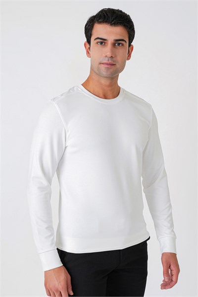 Comfort Fit Omuz Modelli Uzun Kollu Esnek Pamuk Ekru Tişört TS 933