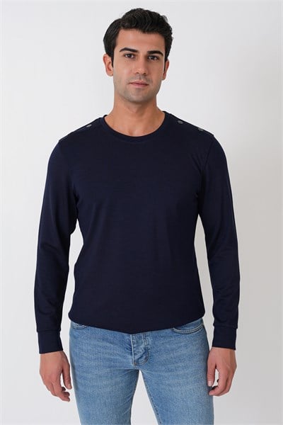 Comfort Fit Omuz Modelli Uzun Kollu Esnek Pamuk Lacivert Tişört TS 933
