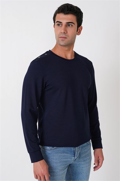 Comfort Fit Omuz Modelli Uzun Kollu Esnek Pamuk Lacivert Tişört TS 933