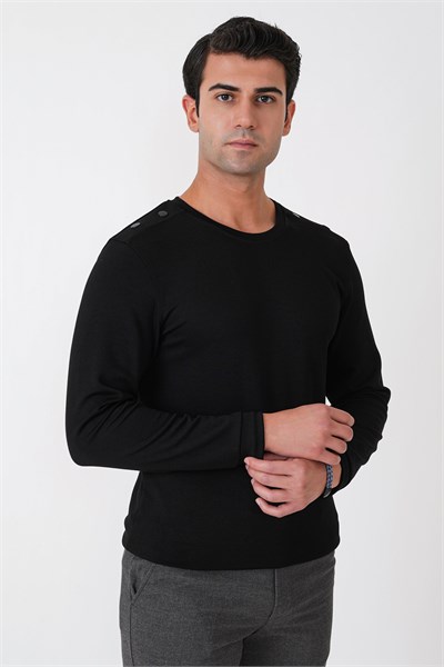 Comfort Fit Omuz Modelli Uzun Kollu Esnek Pamuk Siyah Tişört TS 933