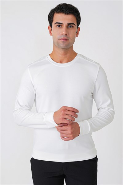 Comfort Fit Omuz Modelli Uzun Kollu Esnek Pamuk Ekru Tişört TS 933