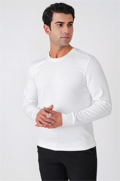 Comfort Fit Omuz Modelli Uzun Kollu Esnek Pamuk Ekru Tişört TS 933