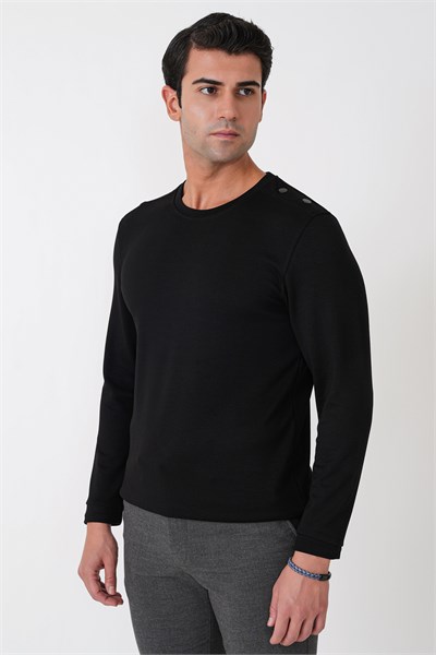 Comfort Fit Omuz Modelli Uzun Kollu Esnek Pamuk Siyah Tişört TS 933