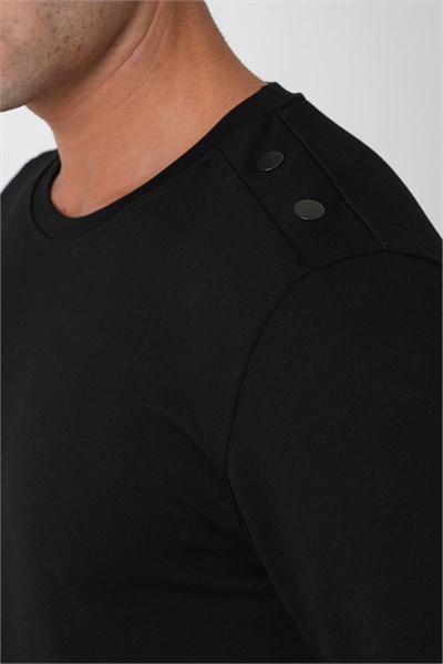 Comfort Fit Omuz Modelli Uzun Kollu Esnek Pamuk Siyah Tişört TS 933