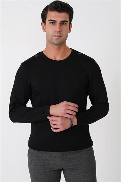 Comfort Fit Omuz Modelli Uzun Kollu Esnek Pamuk Siyah Tişört TS 933