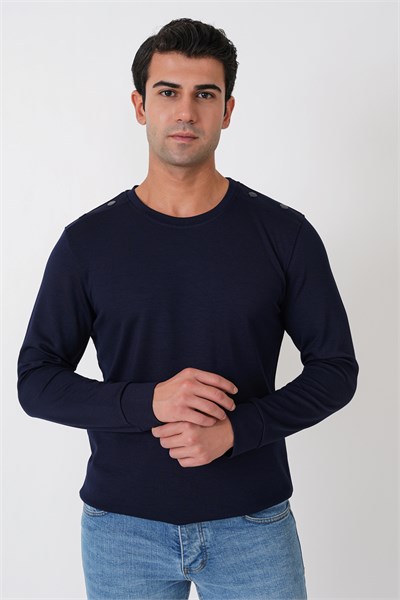 Comfort Fit Omuz Modelli Uzun Kollu Esnek Pamuk Lacivert Tişört TS 933