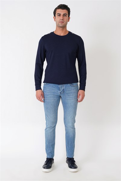 Comfort Fit Omuz Modelli Uzun Kollu Esnek Pamuk Lacivert Tişört TS 933