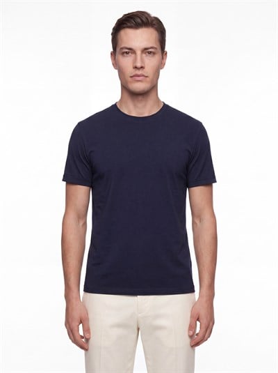 Comfort Fit Pamuklu Bisiklet Yaka Lacivert Tişört TS 929