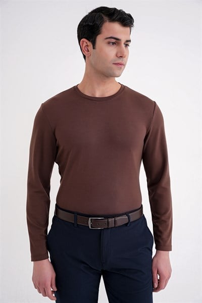 Comfort Fit Pamuklu Bisiklet Yaka Uzun Kollu Kakao Tişört TS 892
