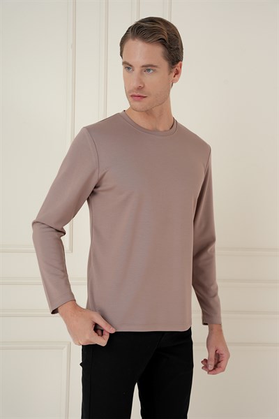 Comfort Fit Pamuklu Bisiklet Yaka Uzun Kollu Vizon Tişört TS 892